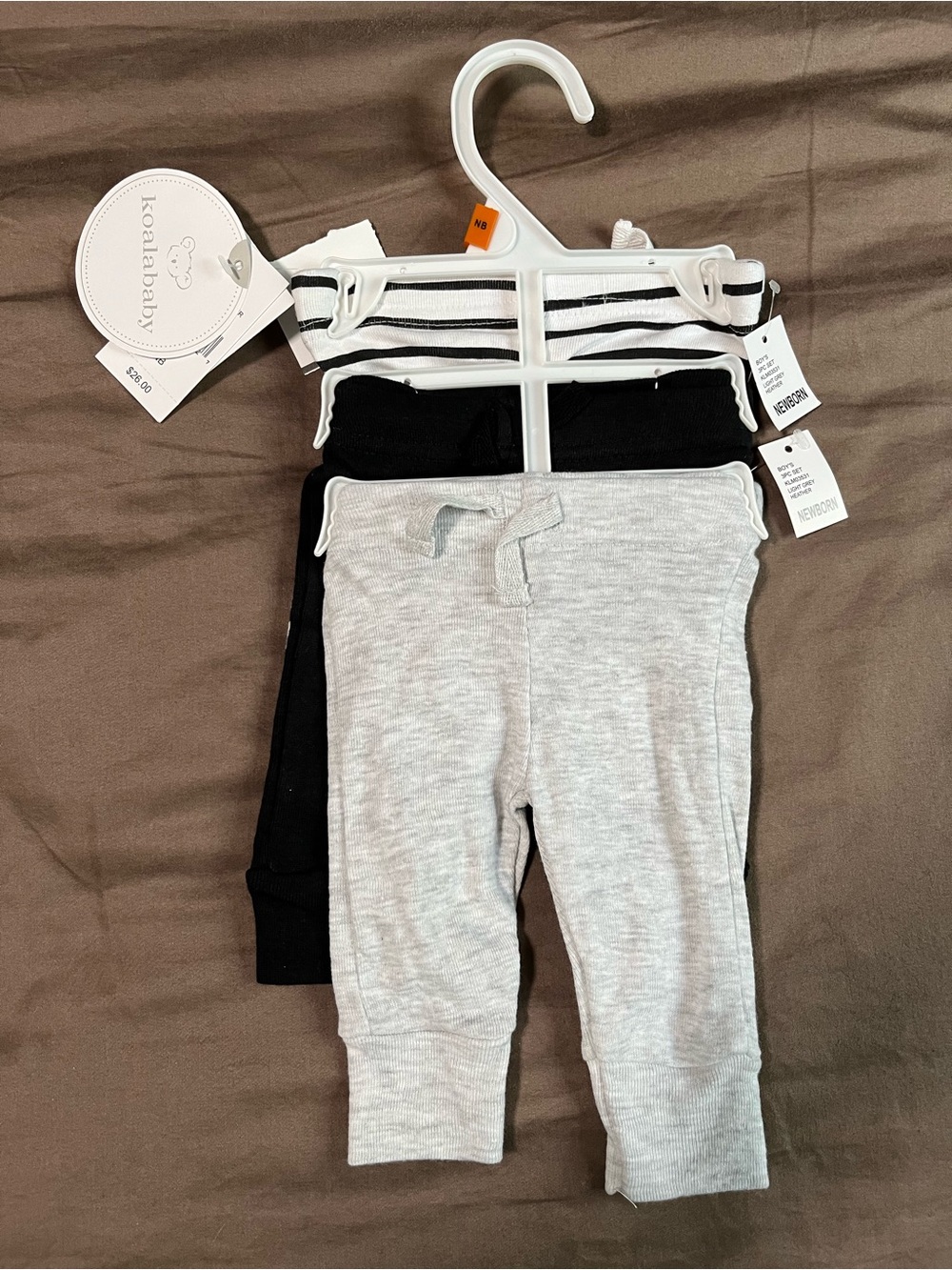 Koala Baby 3-Pack Pants Newborn — Gray, Black & White Stripe
